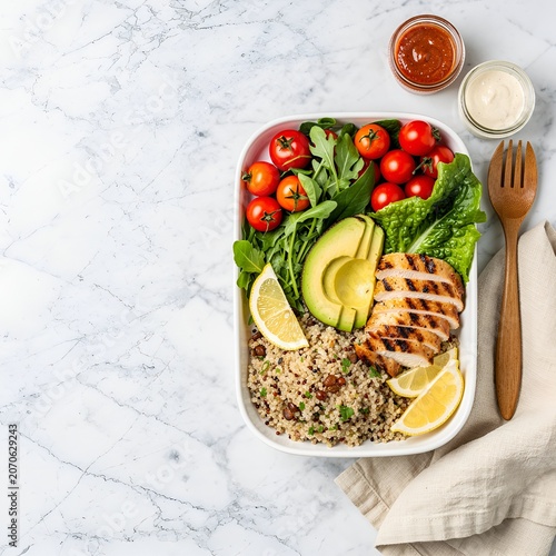 Overhead flat lay of colorful healthy breakfast bowl with fresh fruits and granola