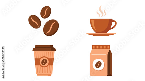 A collection of coffee elements including beans, a hot cup, a paper cup, and a coffee bag.