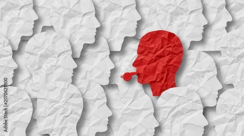 An individual whistleblower profile in red among a crowd of white paper human head shapes.