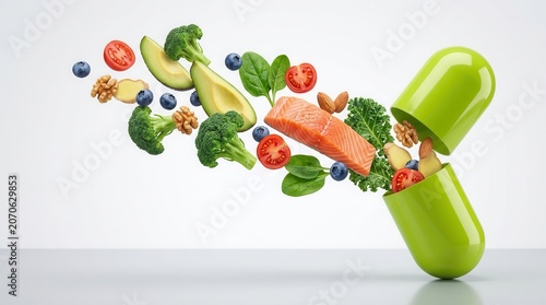 Healthy lifestyle concept with fresh salmon, broccoli, and fruits exploding from a green medicinal capsule.