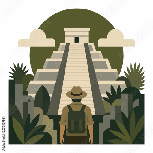 Adventurer explorer looking at ancient Mayan pyramid temple in jungle illustration.