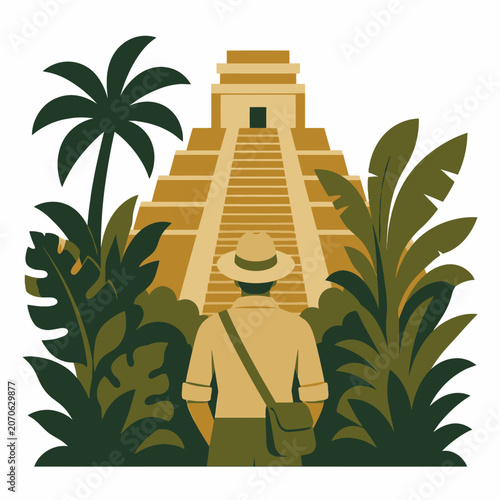 Adventurer explorer standing in front of ancient Mayan pyramid temple in tropical jungle landscape illustration.