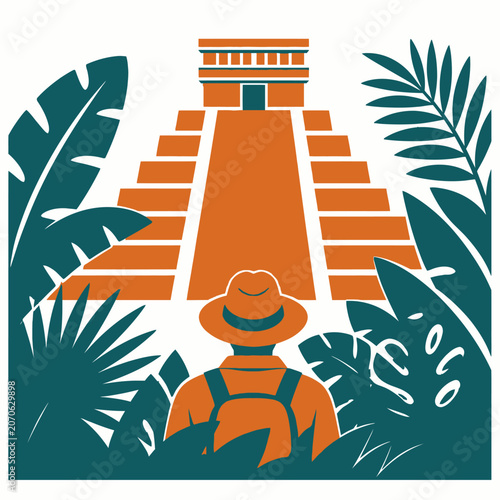 Adventurer exploring ancient Mayan pyramid temple in tropical jungle landscape illustration.