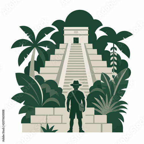 Adventurer standing in front of ancient Mayan pyramid temple surrounded by tropical jungle foliage.
