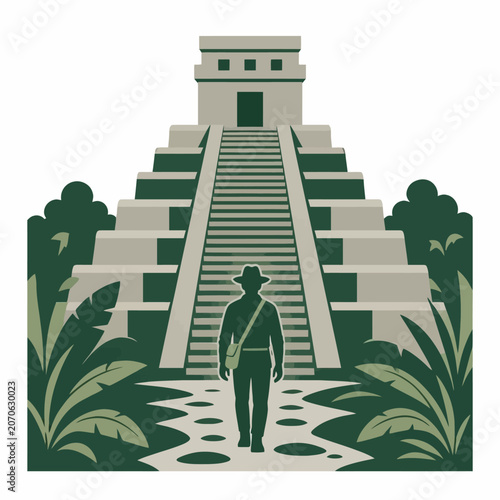Adventurer standing in front of an ancient Mayan pyramid temple in the jungle.