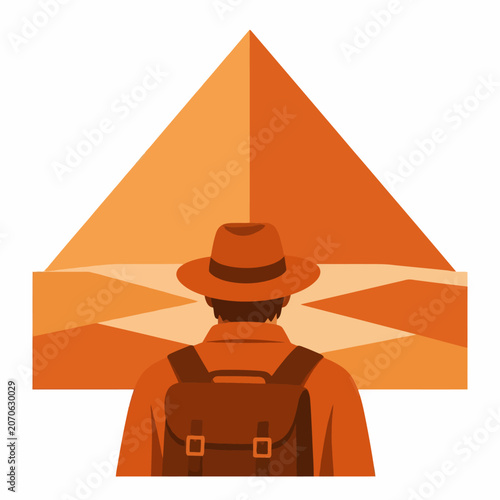 Adventurer with backpack looking at ancient Egyptian pyramid in desert landscape illustration.