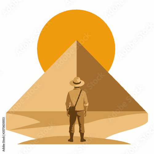 Adventurer standing in front of the Great Pyramid of Giza under a large golden sun.