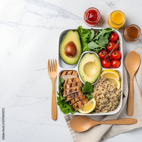Overhead flat lay of colorful healthy breakfast bowl with fresh fruits and granola