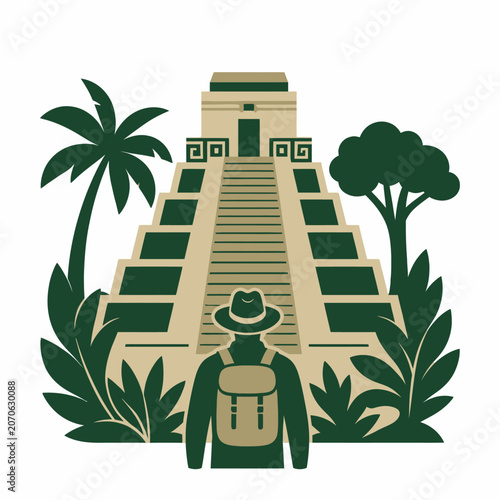 Adventurer with backpack looking at ancient Mayan pyramid in tropical jungle illustration.
