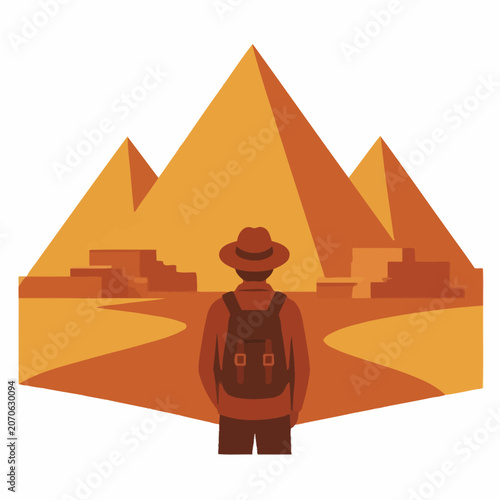 Adventurer with backpack looking at ancient Egyptian pyramids in desert landscape illustration.