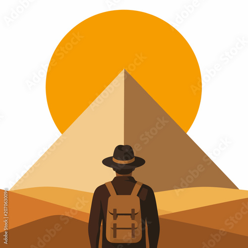 Adventurer with backpack looking at ancient Egyptian pyramid under a large orange sun.