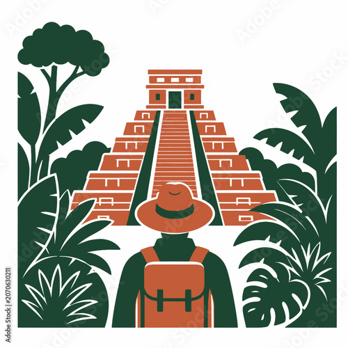 Adventurer with backpack looking at ancient Mayan pyramid temple in tropical jungle illustration.