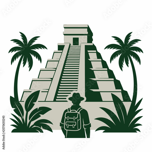 Adventurer with backpack looking at ancient Mayan pyramid temple in tropical jungle illustration.