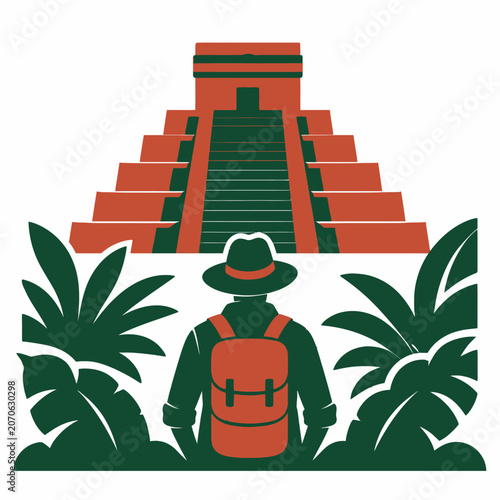 Adventurer with backpack looking at ancient Mayan pyramid temple in tropical jungle illustration.