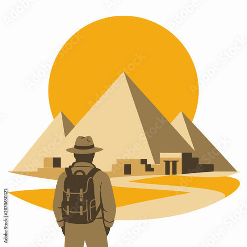 Adventurer with backpack looking at the Great Pyramids of Giza under a large golden sun.