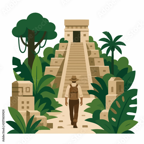 Adventurous explorer walking toward an ancient Mayan pyramid temple hidden deep within a lush tropical jungle.