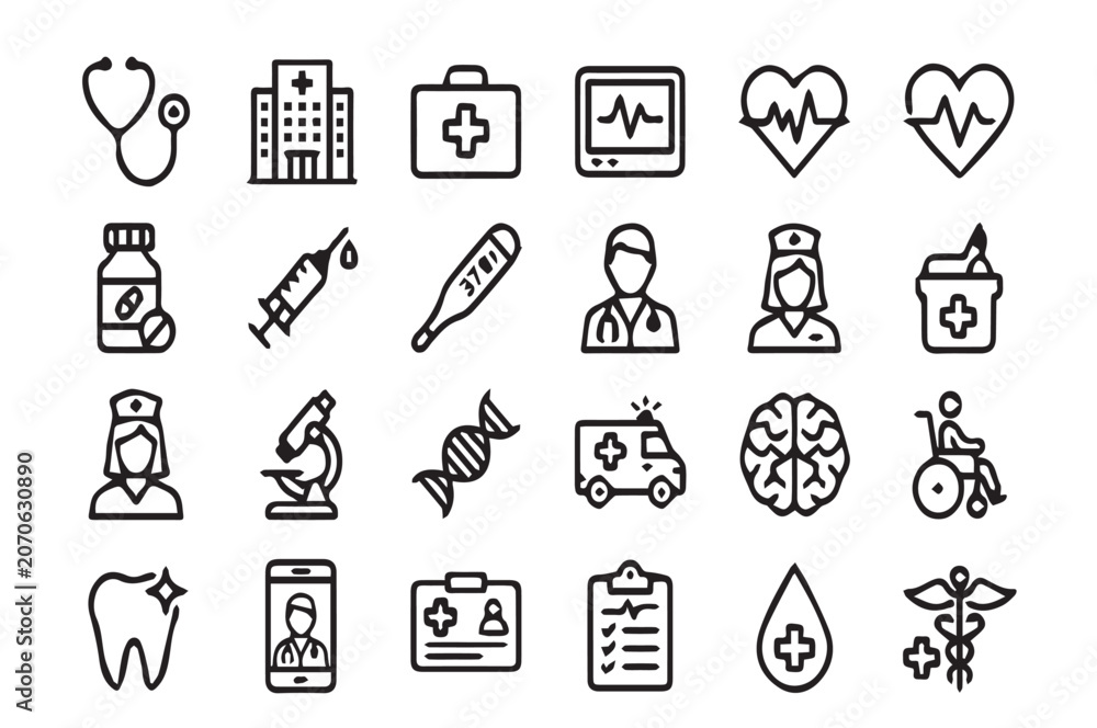 Fototapeta premium Medical and Healthcare Line Icons Set. Vector Minimalist Outline Hospital, Doctor, Clinic, First Aid, Lab Research, and Health Care Icons Collection Isolated on White Background.