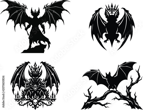 Black silhouette dragon or bat flying and perched illustrations