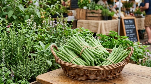 Fresh Green Vegetables in Wicker Basket at Farmers Market.