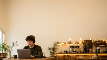 A young man with headphones sitting and working on a laptop at a cafe table, warm interior blurred with fairy lights bokeh in the background, massive empty space