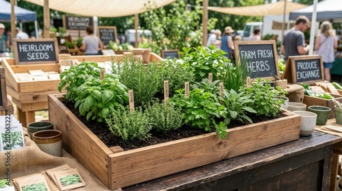 Fresh Herb Garden Display at Farmers Market Outdoor Stall.