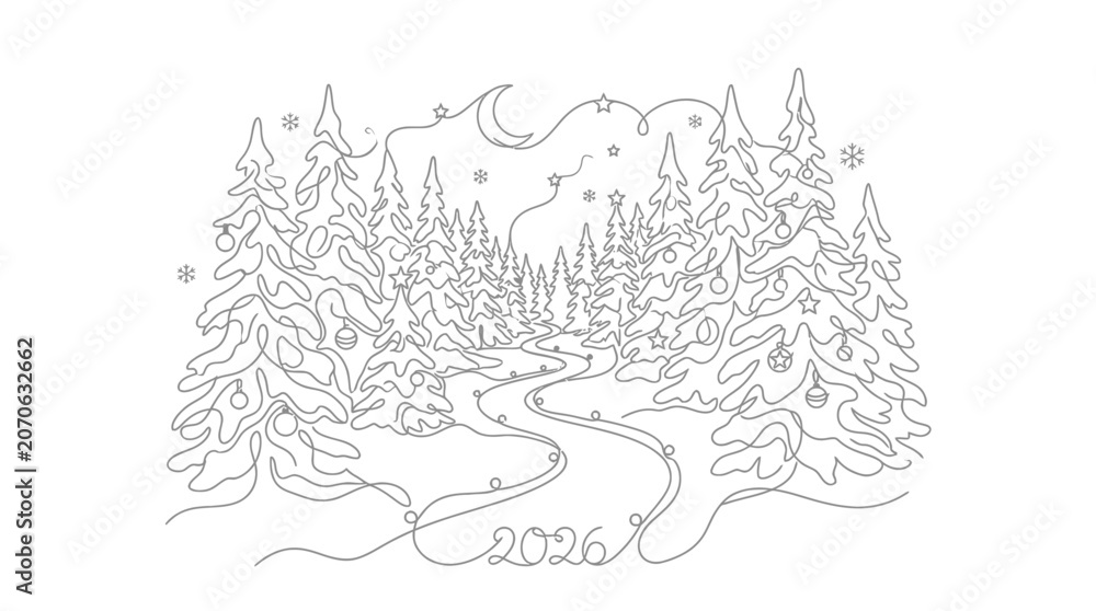 Naklejka premium Continuous Line Art Drawing of 2026 New Year Winter Forest with Decorated Pine Trees