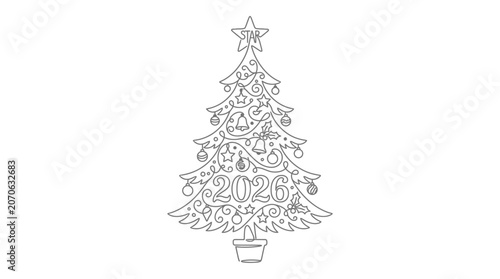 Continuous Line Art Christmas Tree Illustration with 2026 New Year Text and Ornaments