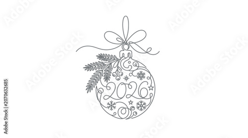Continuous line art illustration of 2026 New Year Christmas ball ornament with pine branch