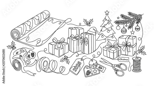 Continuous Line Art Drawing of Christmas Gift Wrapping Scene and New Year Preparation