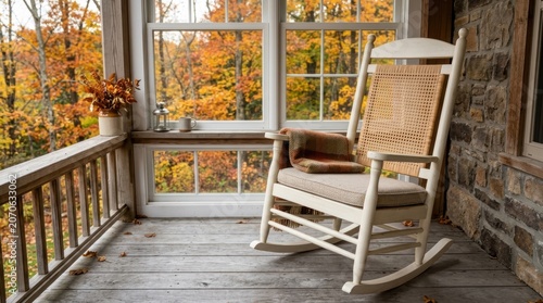 Cozy Porch with Wooden Chair and Autumn View.