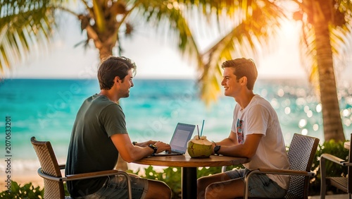 Young digital nomad working on laptop at beachside cafe with tropical ocean view and coconut drink