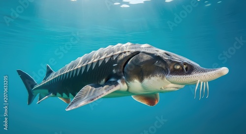 A massive prehistoric sturgeon glides through clear river water, showing its bony armor and long snout in a natural aquatic habitat, ancient, sturgeon, biology