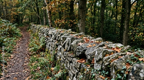 Ancient Stone Wall in Forest Path During Autumn Season.