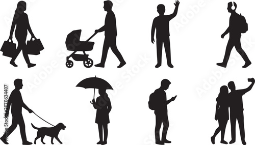 Photos Black silhouette collection of everyday people walking shopping holding umbrella