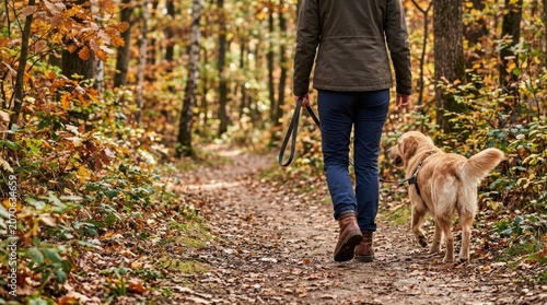 Person Walking with Dog on Forest Trail During Autumn Day.