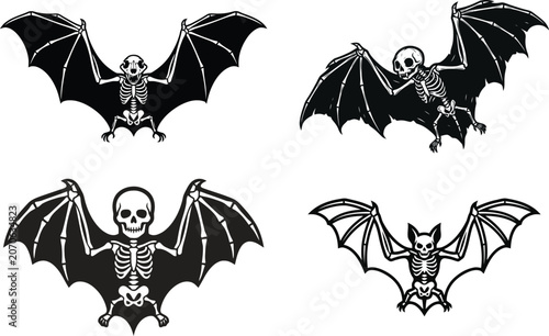 Black and white skeleton bat vector illustrations flying