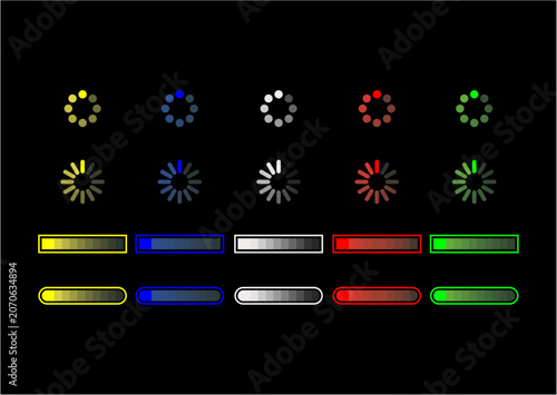 A set of multicolored digital loading icons and progress bars in yellow, blue, white, red, and green, displayed against a solid black background.