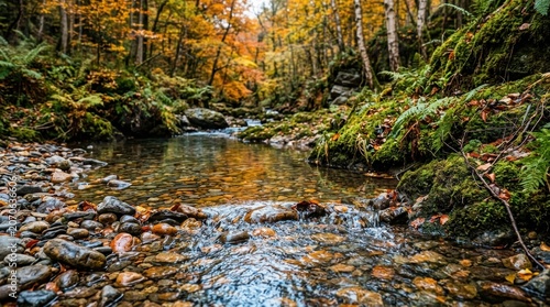 Serene Autumn Forest Stream with Colorful Foliage and Rocky Bed.