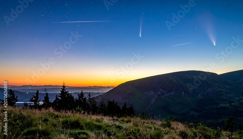 Comet at Night Over Mountain.