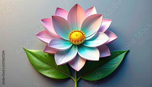 Delicate stylized lotus flower with pastel petals and vibrant green leaves, peaceful and serene, isolated on a neutral background