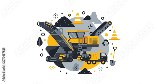 Flat Vector Illustration of Industrial Mining and Road Construction Machinery with Mobile Crusher, Dump Truck, and Recycling Symbols