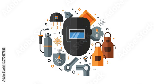 Flat Design Illustration of Industrial Welding Equipment, Safety Gear, and Metalworking Tools