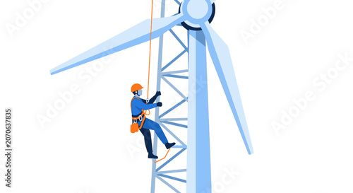 Technician Performing Maintenance on Wind Turbine Tower Vector Illustration
