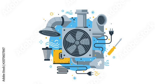 Modern HVAC service and repair concept vector illustration. Flat design featuring air conditioning system, ventilation ducts, fan, filter, and maintenance tools on white.