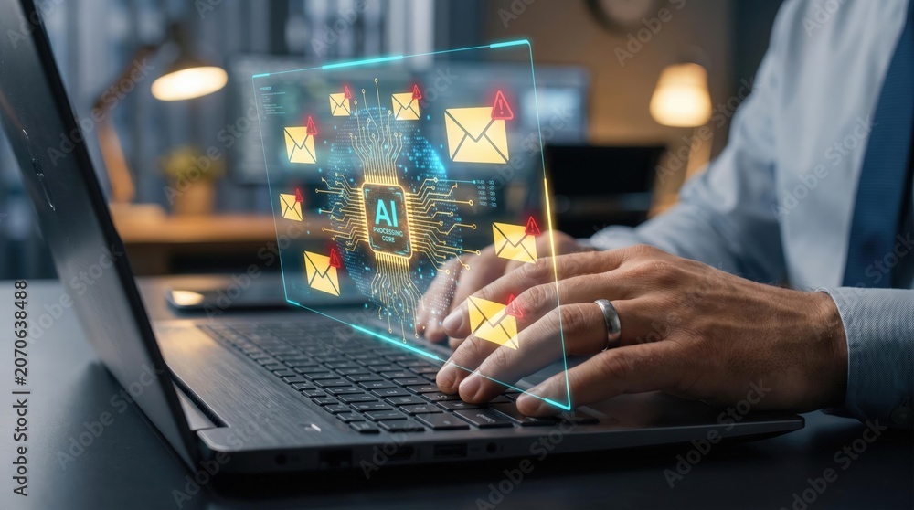 Fototapeta premium Business professional managing digital email communication and security on a laptop with futuristic holographic interface