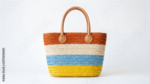 Colorful woven straw summer tote bag isolated on white background.