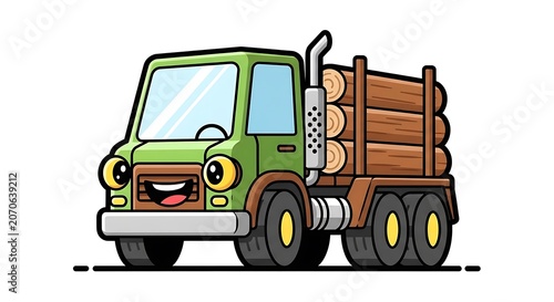 Cartoon truck loaded with wooden furniture and boxes.