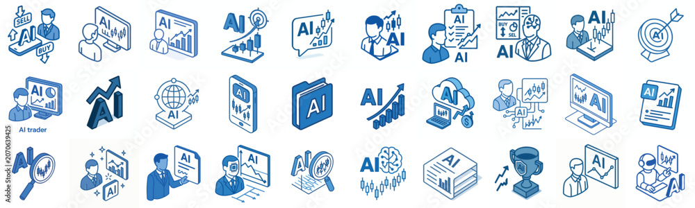 Fototapeta premium simple isometric vector icon AI Trader in blue