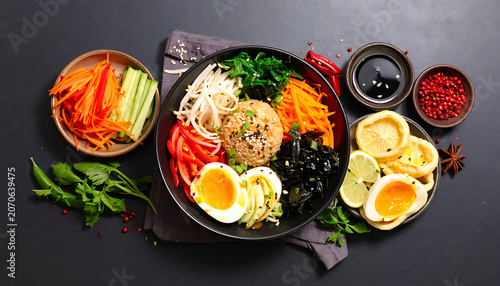 Delicious bibimbap served in a black bowl, colorful Korean dish with rice, egg, vegetables, seaweed, and chili peppers, appetizing presentation