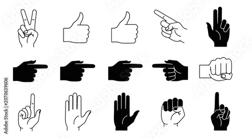 Collection of various hand gesture icons and signs in black and white style.